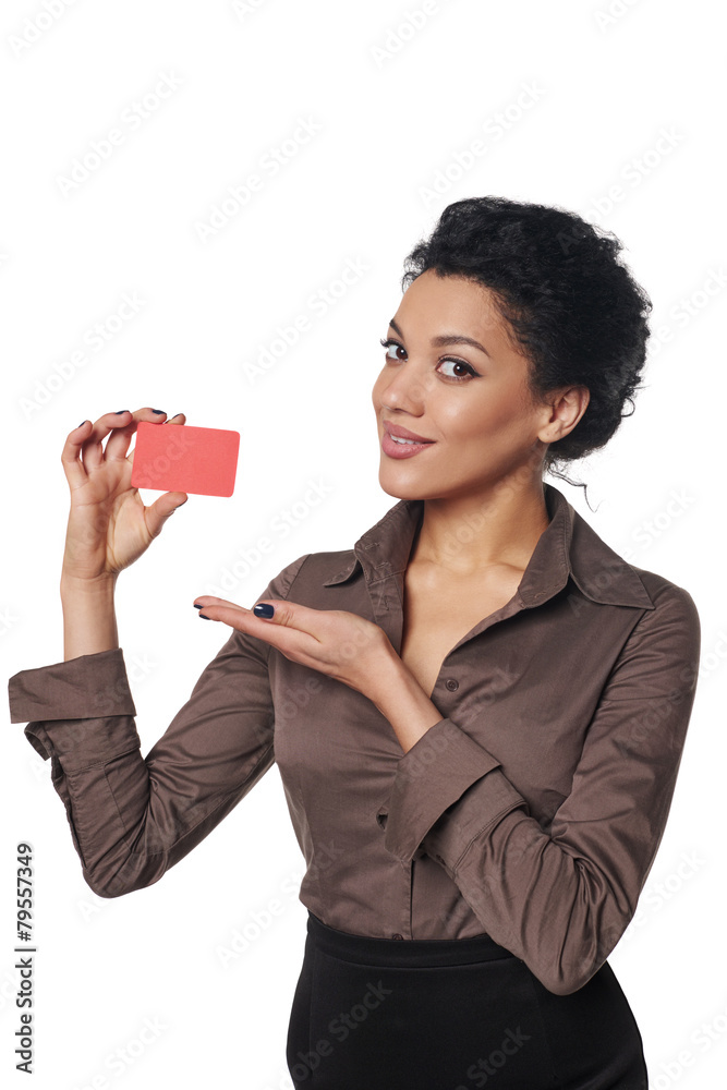 Business woman showing blank credit card Business woman showing blank credit card