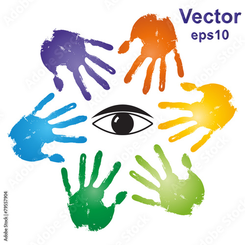 Conceptual human hand print with an eye symbol