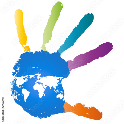 Conceptual children painted hand print and map isolated