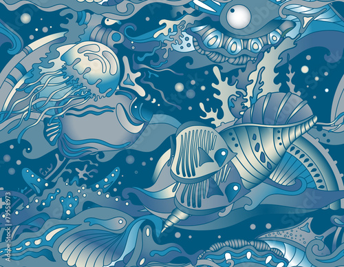 Vector seamless sea pattern with tropical fishes, stars