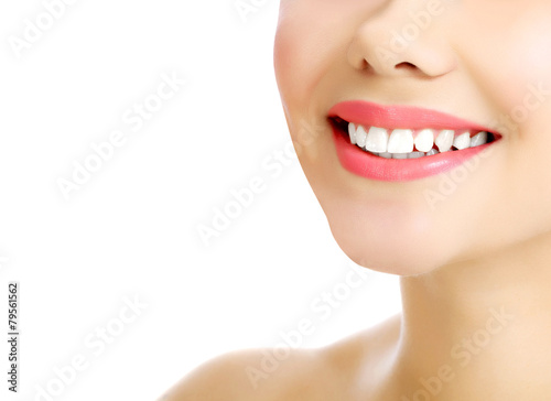 Young smiling woman, white background, copyspace