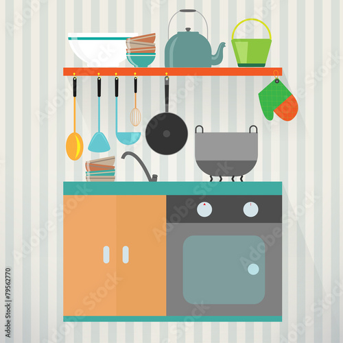 Kitchen with furniture. Flat style vector illustration.