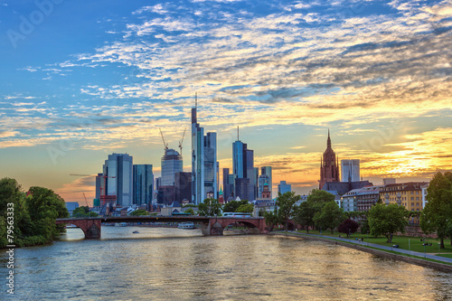 sunset at Frankfurt city and Rhine river, Germany