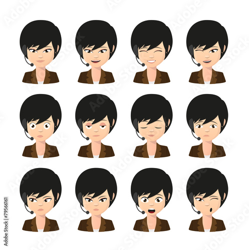 Female asian operator avatar wearing headset expression set