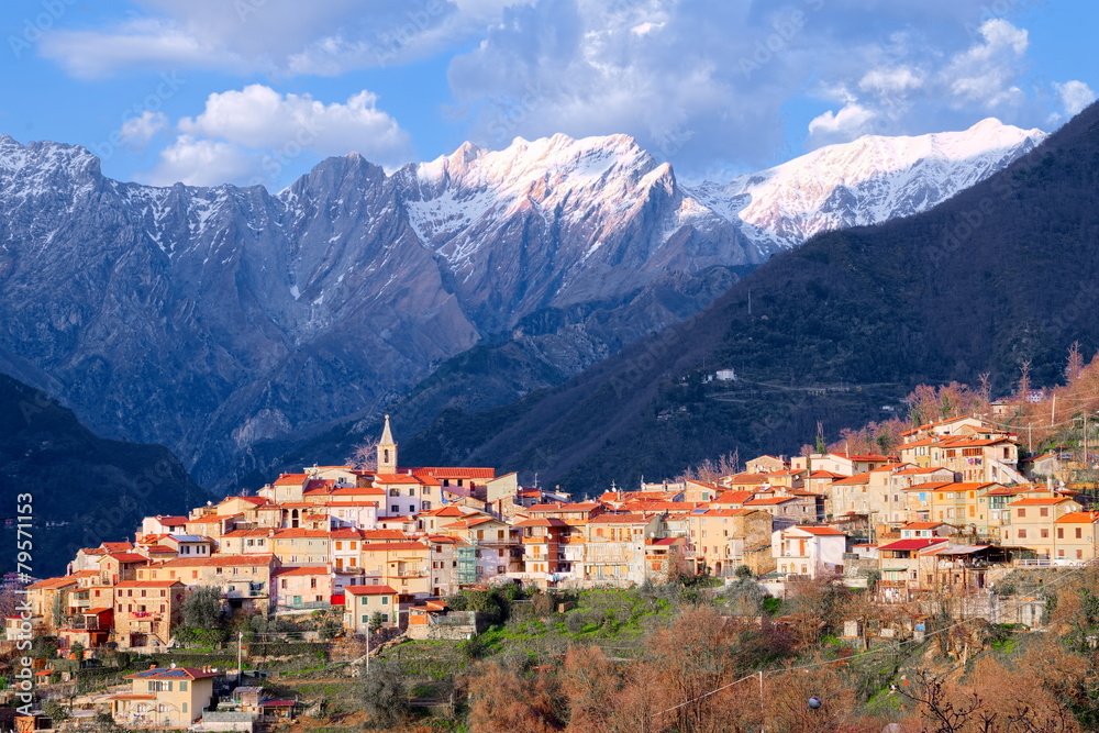 View of Pariana ancient rural town in foothills of Apuan Alps