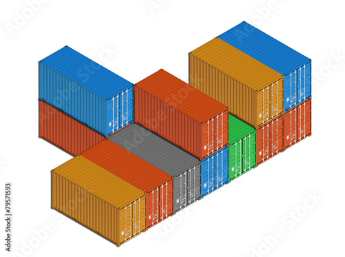 Stacked colorful metal freight shipping containers on white