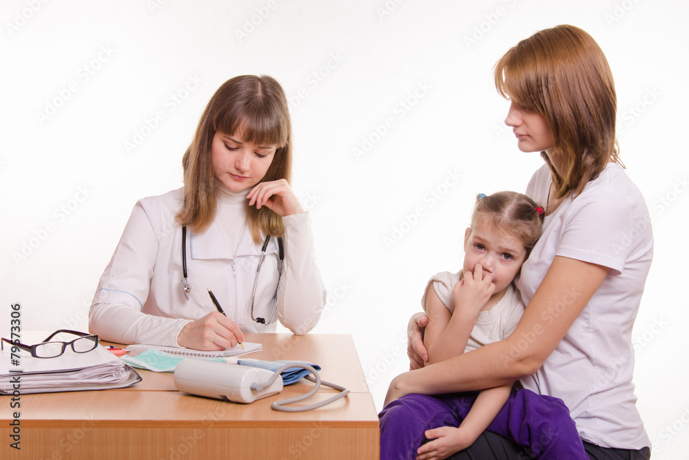 Pediatrician writes appointment for treatment sick child Pediatrician writes appointment for treatment sick child