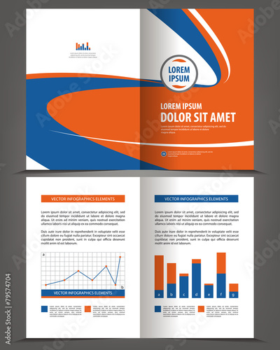 Vector empty bifold brochure design print template, orange, blue