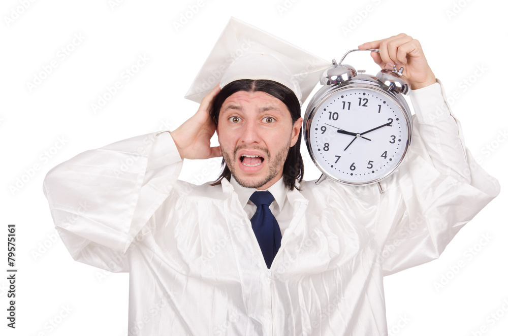 Student missing his deadlines with clock on white Student missing his deadlines with clock on white