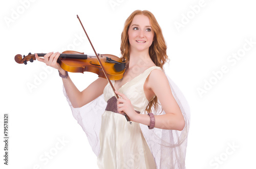 Ancient goddess with violin isolated on white