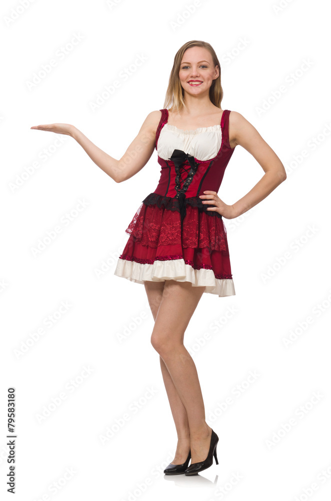 Woman wearing red dress in fashion concept isolated on white Woman wearing red dress in fashion concept isolated on white