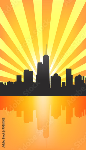 Modern cityscape on Sunburst Pattern with reflection