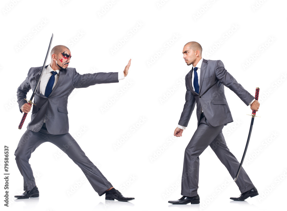 Two men figthing with the sword isolated on white Two men figthing with the sword isolated on white