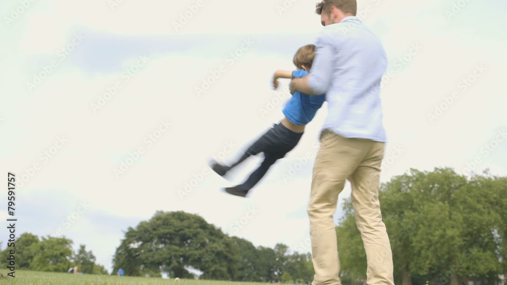 Father holding son and spinning in park Father holding son and spinning in park