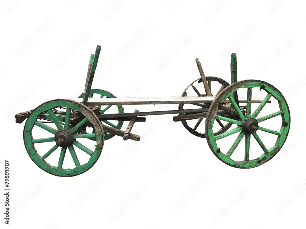 Fototapeta premium Vintage old rough wooden cart isolated on white