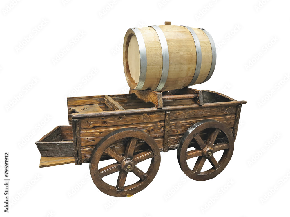 Vintage wooden cart with wine barrel isolated over white