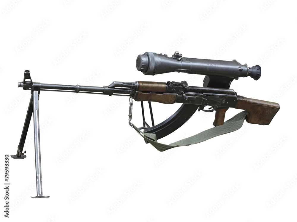 Kalashnikov AK gun with optical sight isolated over white