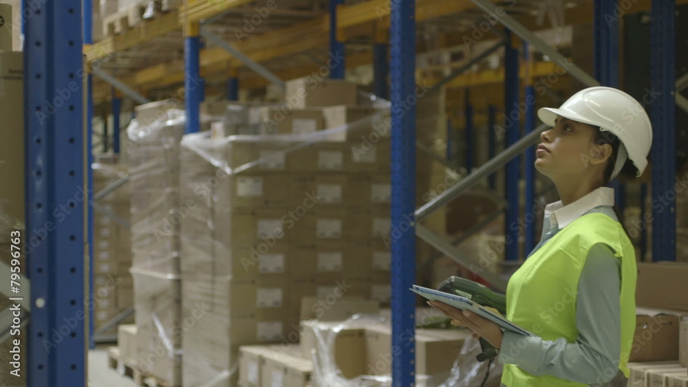 Woman using digital digital tablet in logistics warehouse Woman using digital digital tablet in logistics warehouse