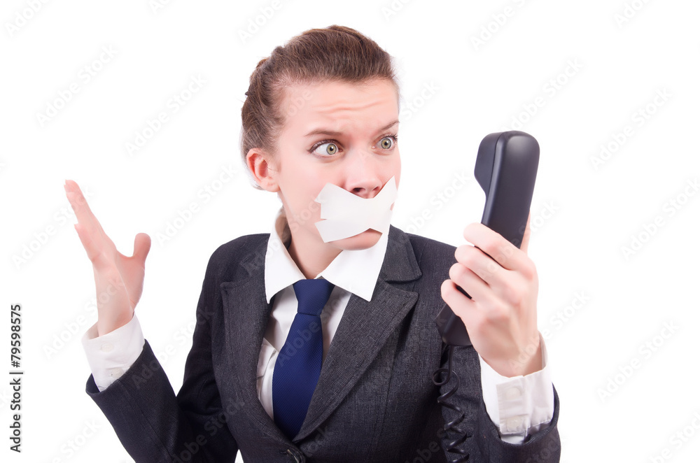 Woman with her mouth sealed isolated on white Woman with her mouth sealed isolated on white