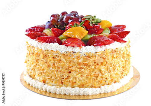 Tasty cake with fruits, isolated on white background