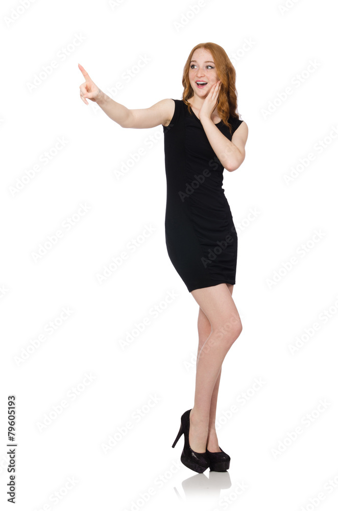 Woman pressing virtual button isolated on white Woman pressing virtual button isolated on white