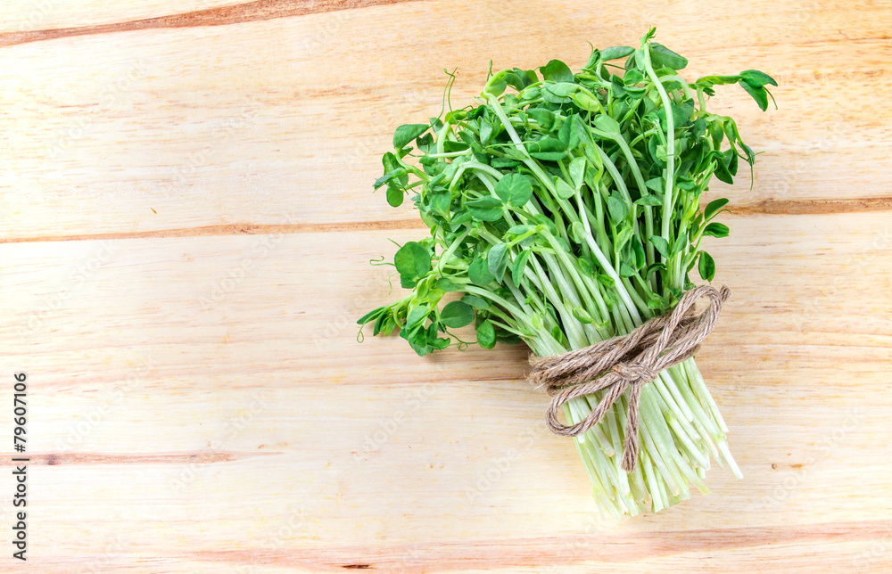 closeup green pea sprout on wooden background closeup green pea sprout on wooden background