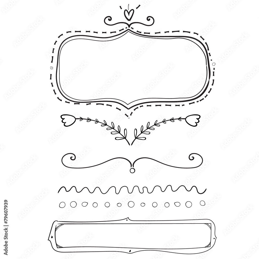 Set of hand drawn frame and dividers. Doodle vector design