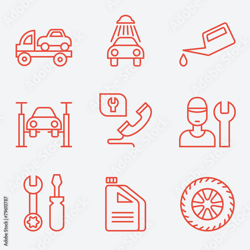 Car service icons, thin line style, flat design