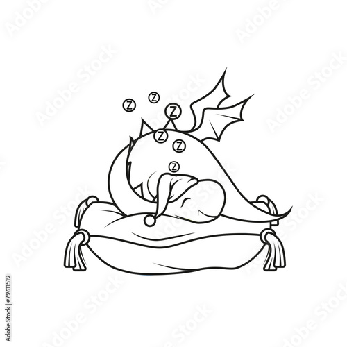 Coloring book: Cute little dragon sleeping on the pillow © Black Spring