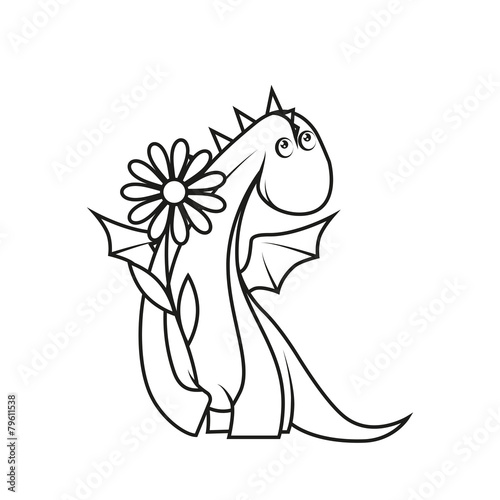 Coloring book: Cute little dragon holding flower © Black Spring