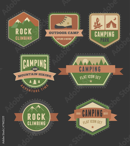 Hiking, camp badges - set of icons and elements