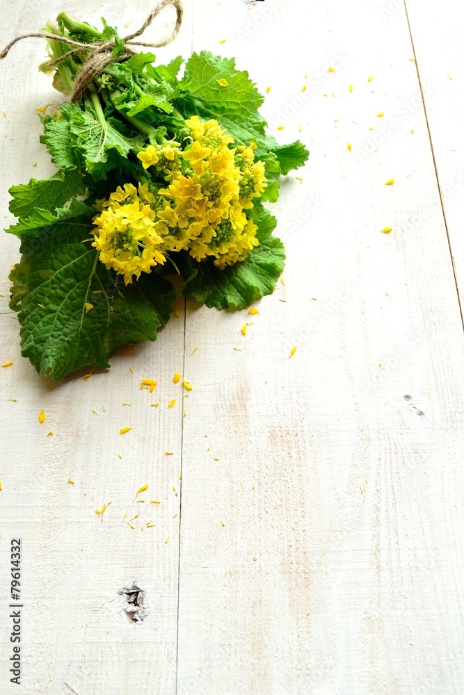 菜の花の花束 菜の花の一種 白木材背景 Stock Photo Adobe Stock