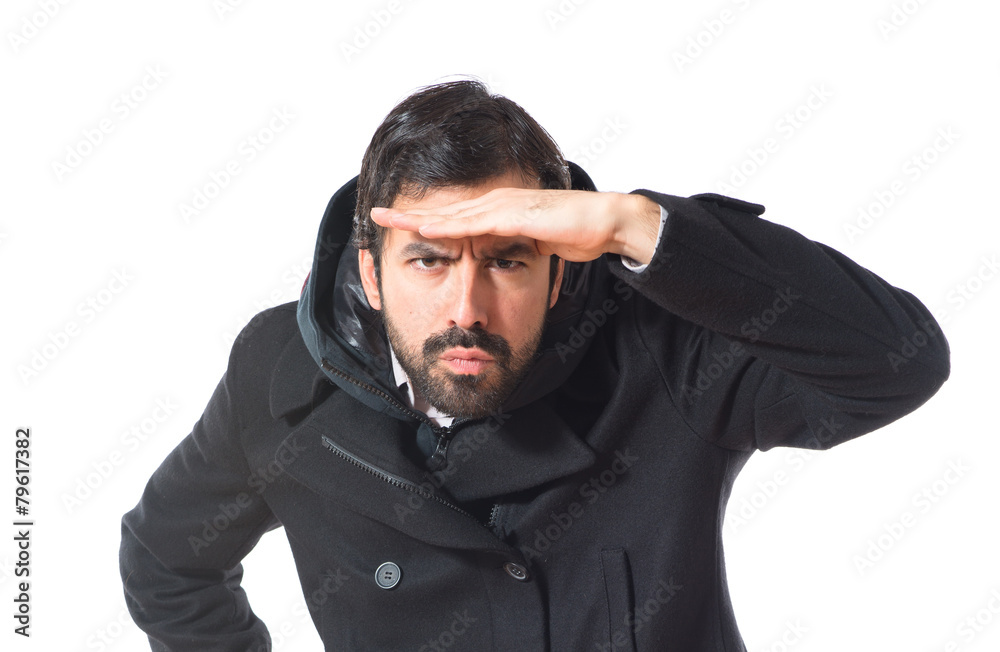 Man showing something over white background Man showing something over white background