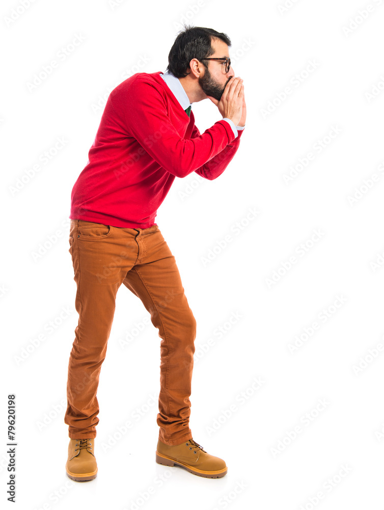 Hipster man shouting over white background Hipster man shouting over white background