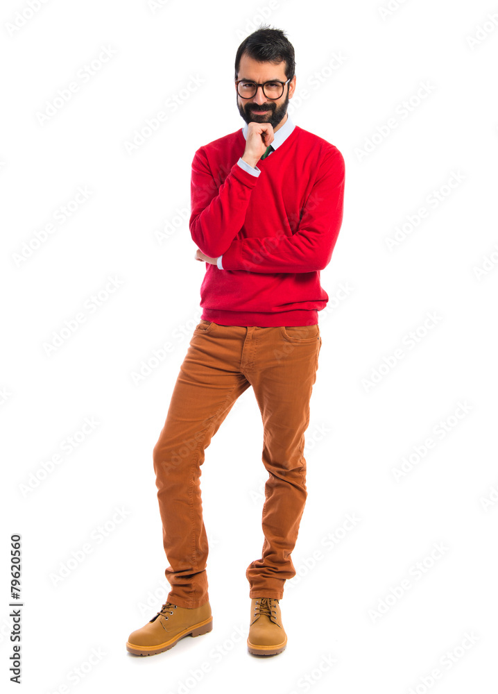 Naklejka premium Hipster man thinking over white background