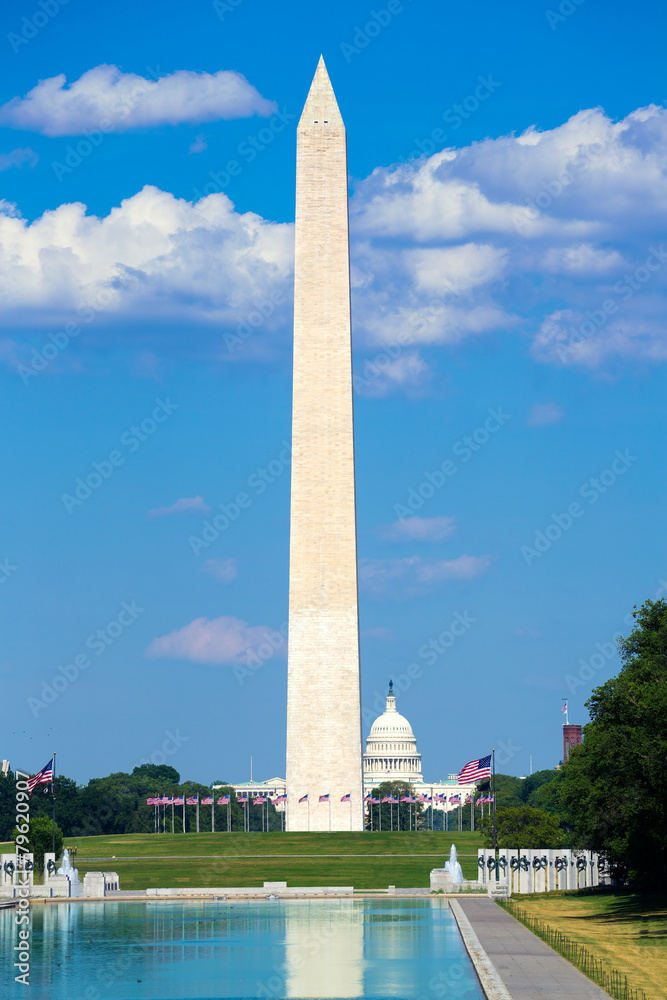 Washington Monument reflecting pool in National Mall US