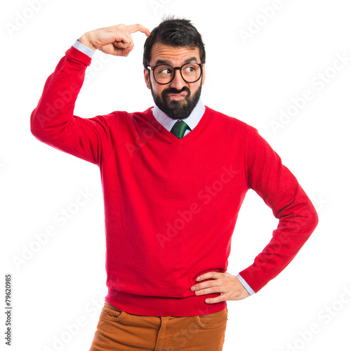 Hipster man thinking over white background