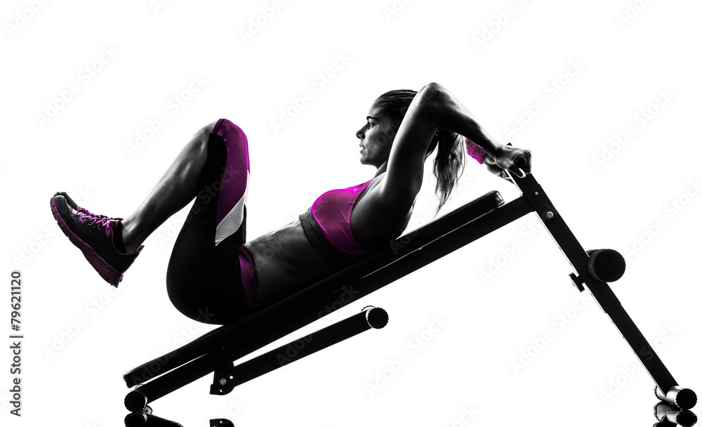 woman fitness bench press crunches exercises silhouette Stock