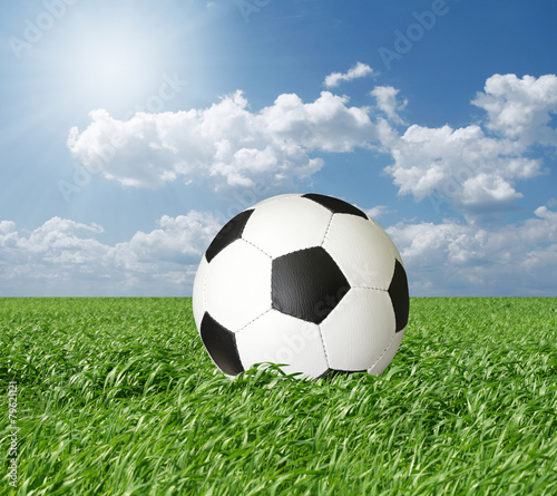 soccer ball in green grass and blue cloudly sky © leedsn