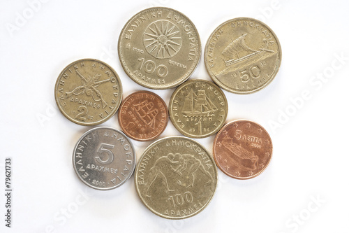 Assortment of Greek drachma coins.