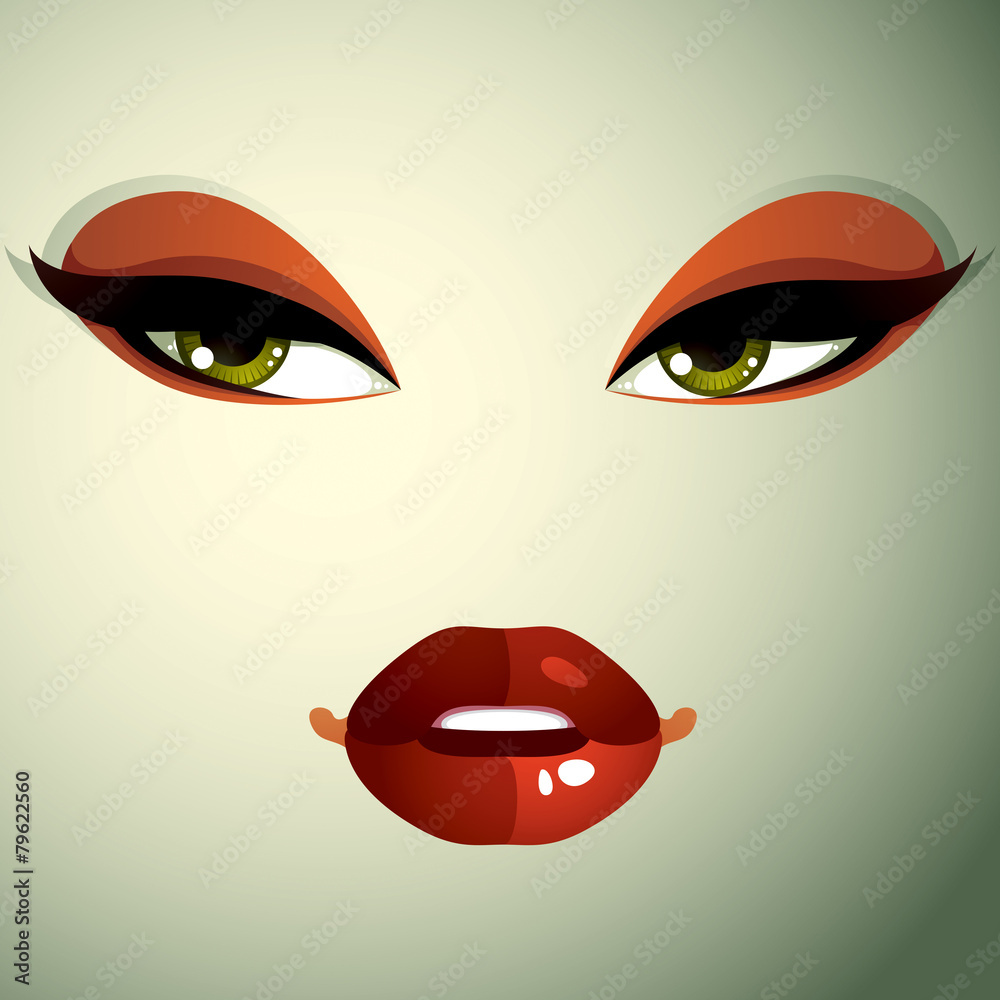 Face makeup, lips and eyes of an attractive woman displaying ang Face makeup, lips and eyes of an attractive woman displaying ang