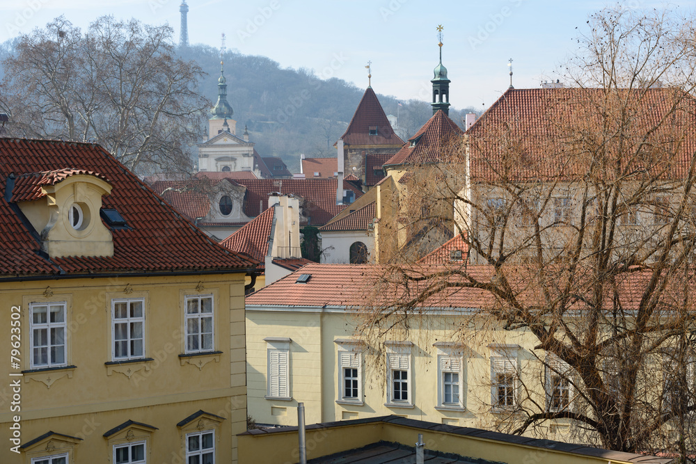 View from Charles Bridge toward Petrin Hill, Prague, Czech Repub