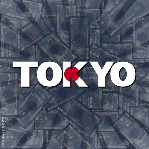 Tokyo flag text on Yen sunburst illustration
