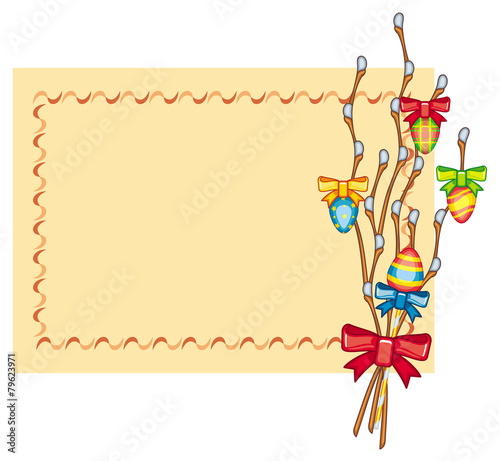 Holiday  background with Easter eggs and pussy willow