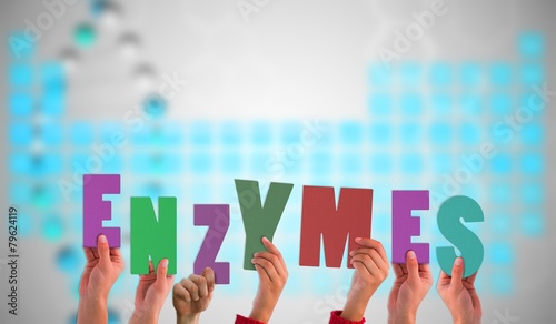 Foto Composite image of hands holding up enzymes