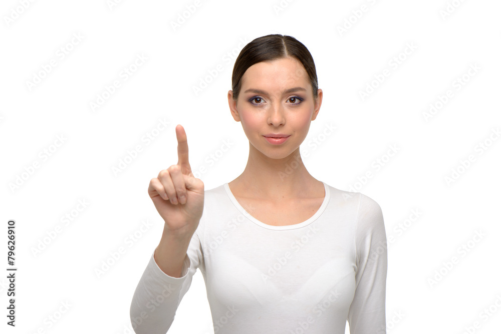 Beautiful woman looking and pointing at camera Beautiful woman looking and pointing at camera