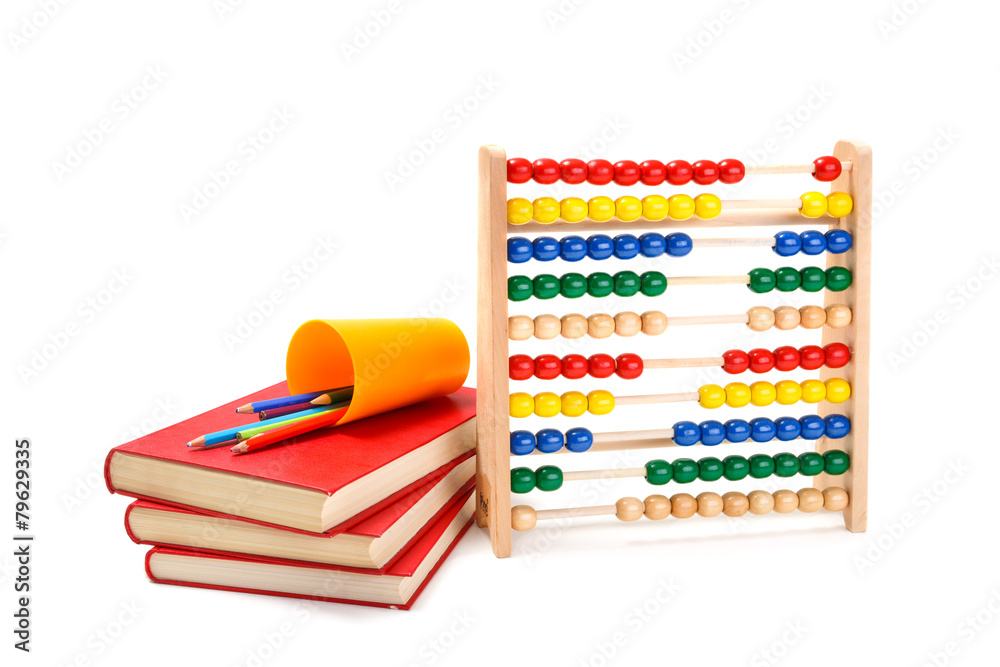 Colorful abacus, books and pencils on white background Colorful abacus, books and pencils on white background