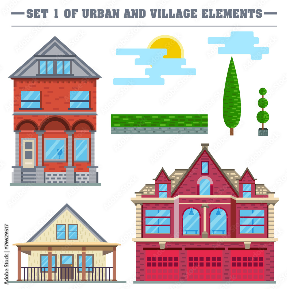 Vector flat illustration. Set of urban and village elements.