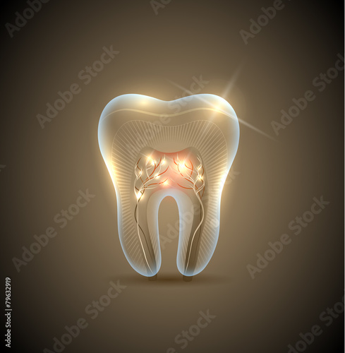 Beautiful golden transparent tooth with roots illustration