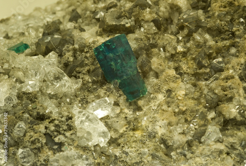 Emerald on dolomite and quartz from Muzo, Colombia.